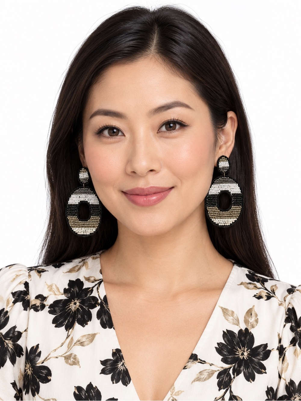 Kaylee New York Black White Metallic Beaded Oval Earrings